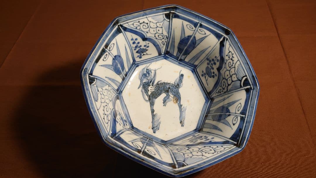 古伊万里 伊万里 染付 麒麟の図 8角鉢 アンティーク伊万里 11客の