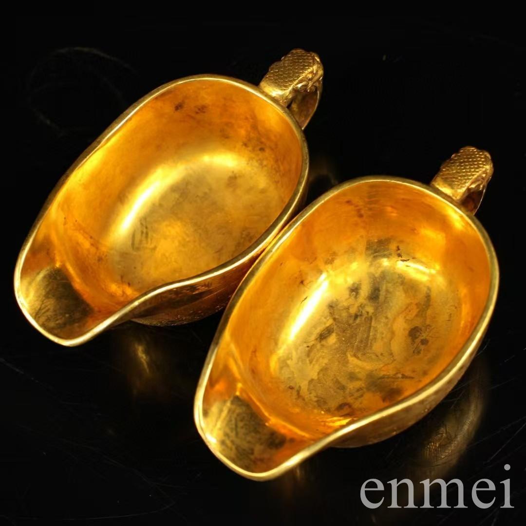 中国古美術・珍蔵浮彫鎏金双龍ワイングラス純銅制・純手作り・文房具