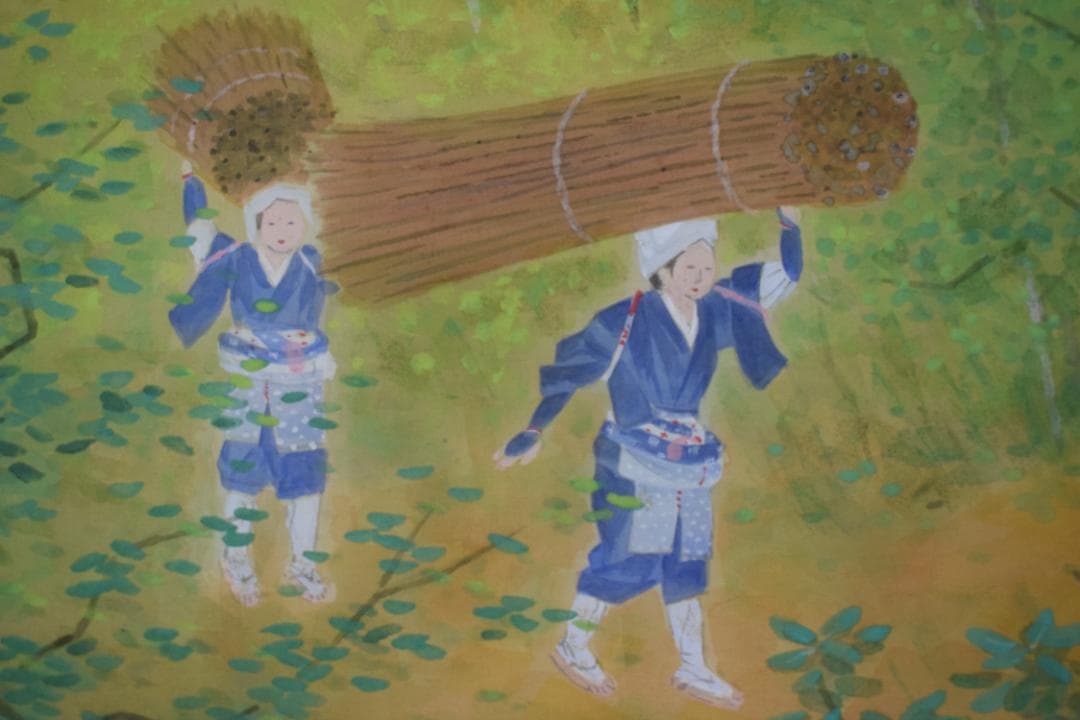 真作】高木富三/洛北大原女図/青緑山水図/マクリ/掛軸