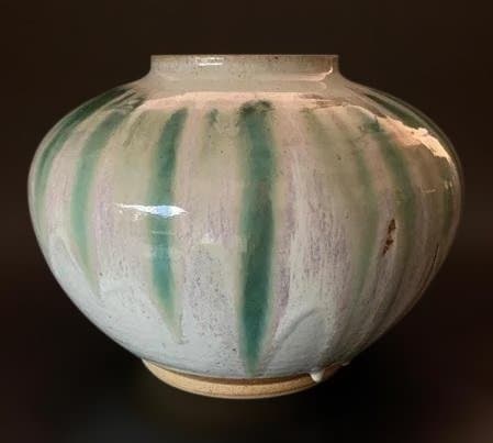 会津本郷焼 宗像窯 七代目 宗像亮一 大作 土灰白釉青流 蓋