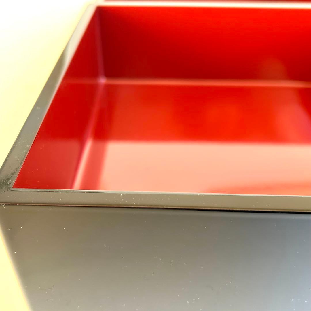 【美品】木製 漆器 三段重 黒塗 重箱 お重 黒 内朱 会津塗り