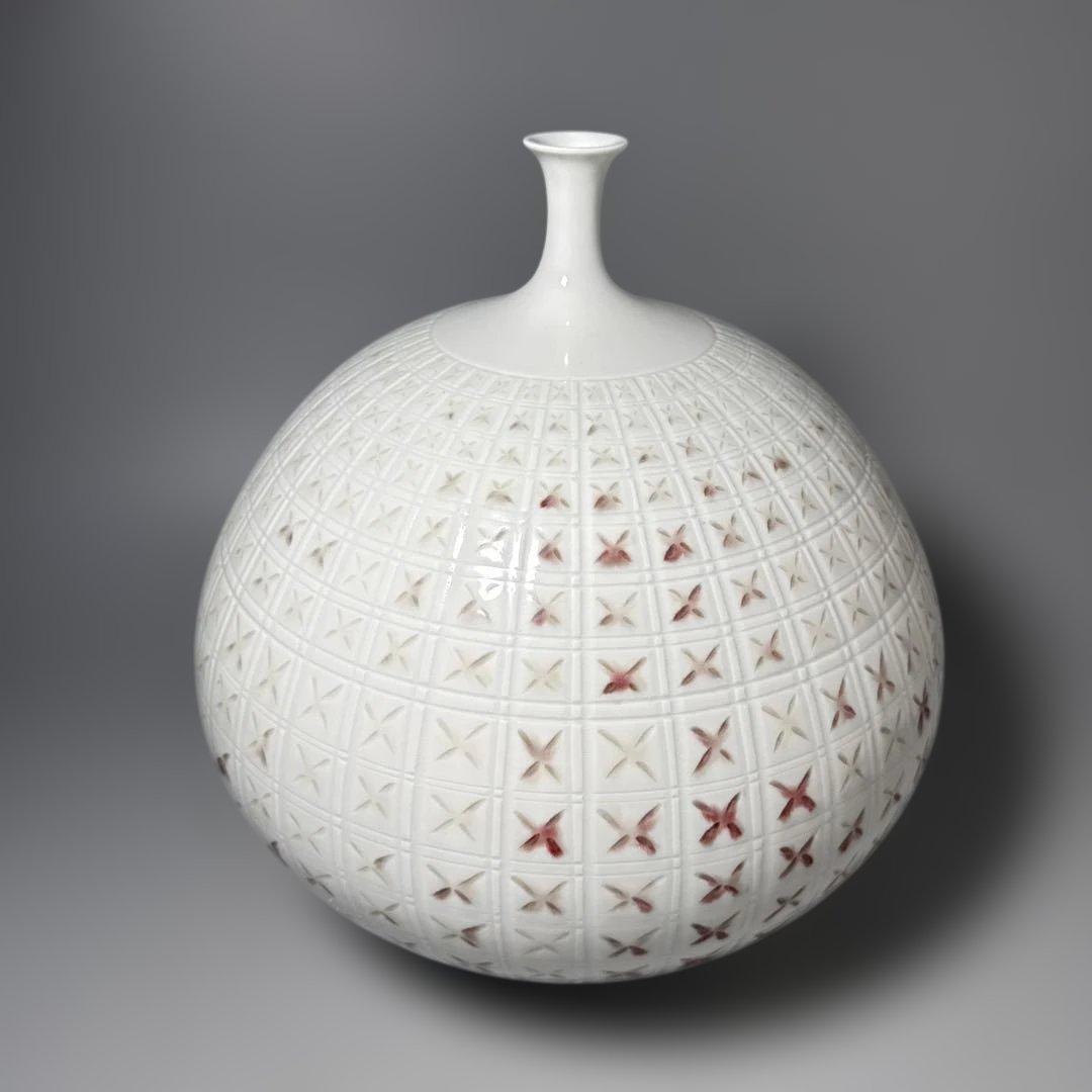 藤井朱明　作　格子文花瓶　エントランス　オブジェ　日展陶芸作家　高30.5cm