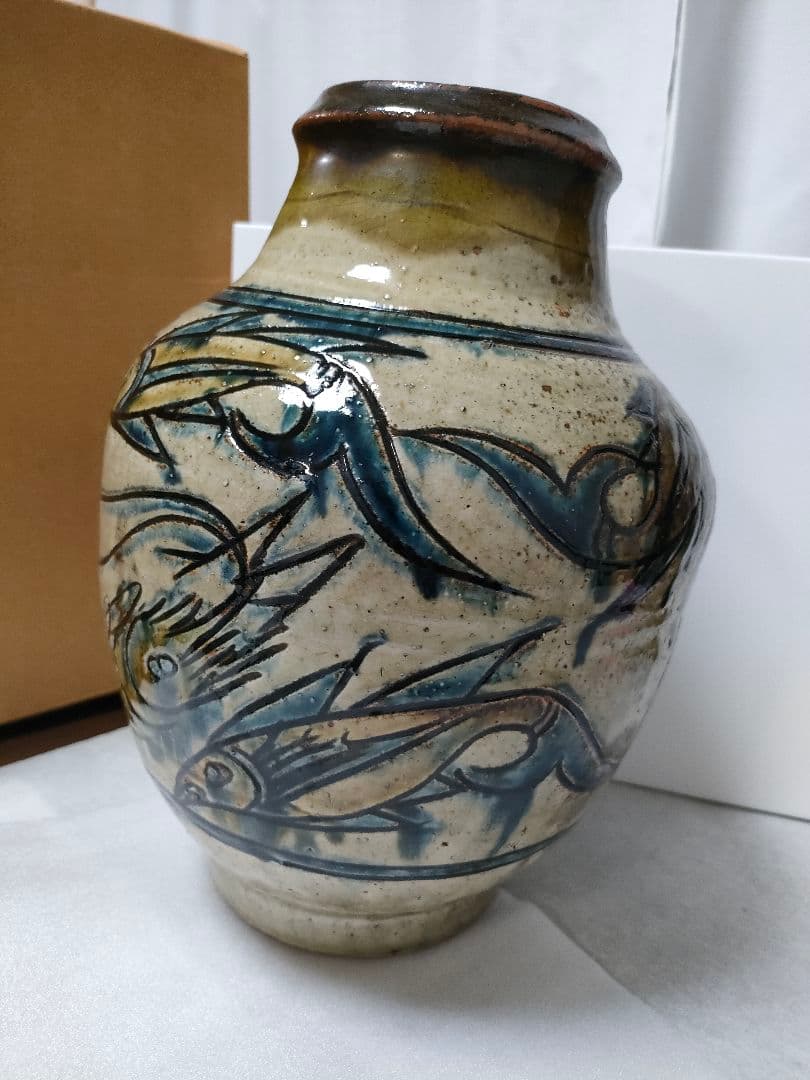 Y3122-8 深川製 染付色絵 柿図 花瓶 高さ28㎝ ten