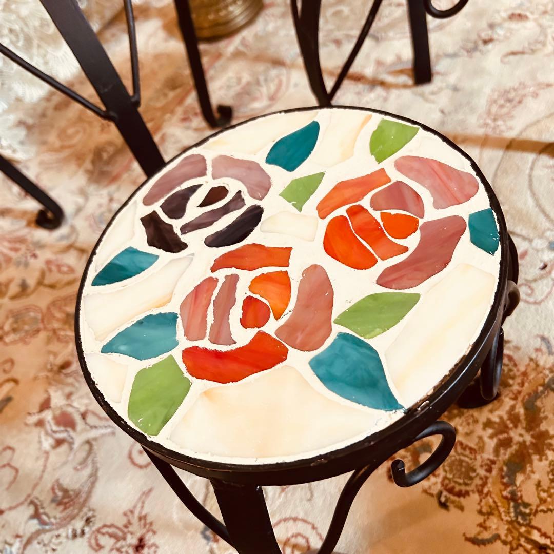 アンティーク 英国調 薔薇タイル アイアン 花台 飾り棚 サイドテーブル