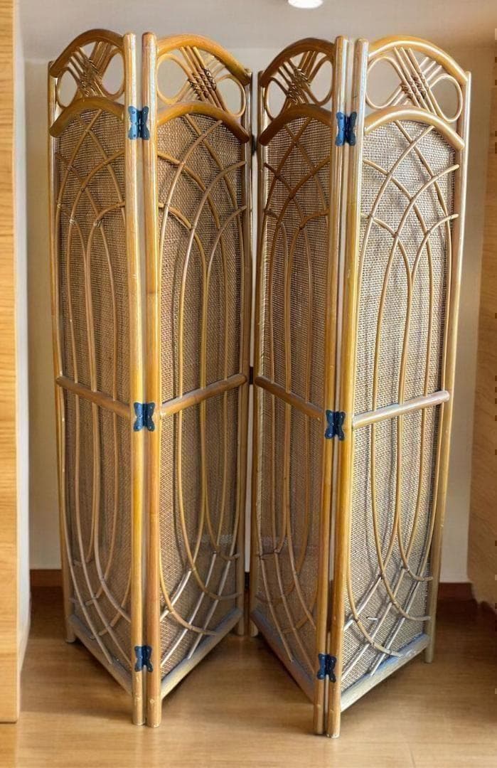 昭和レトロ☆凝ったデザイン ラタン4連パーテーション レトロな雰囲気