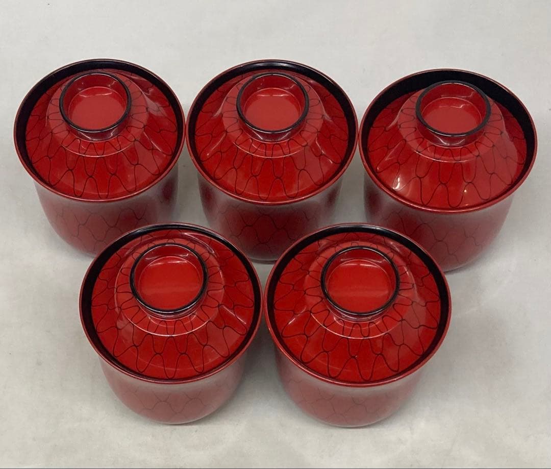 B471b「黒網目 朱箸洗 5個」箱書は表書のみ　木地　外朱漆塗　内黒漆塗