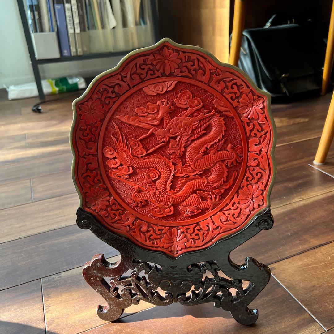北京彫漆　漆器 菓子器 ドラゴン彫刻付き