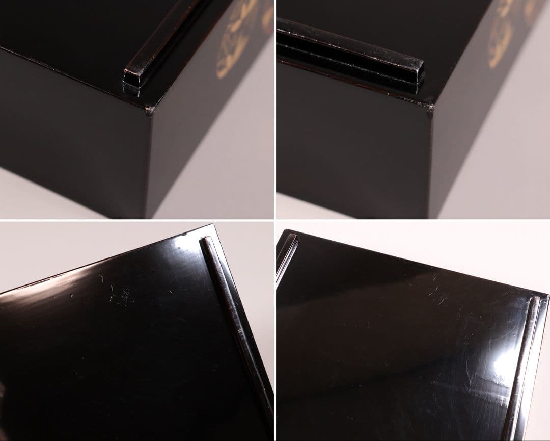 漆芸 木製漆器 丸に草花図 金蒔絵 二段重 重台 黒塗 朱塗 重箱【MA171】