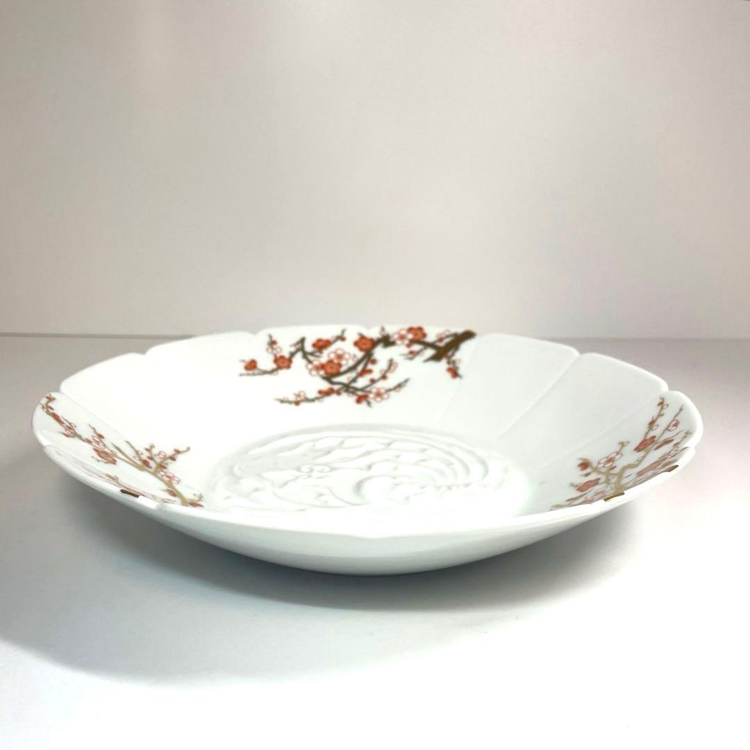 深川製磁 金彩紅白梅 鳳凰陽刻盛鉢 十二方割 飾皿