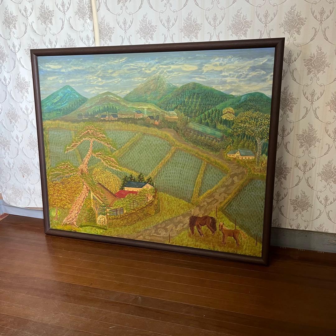 【蔵出し】額装 額縁 絵画 風景画 田舎 馬 田園 山 農村 アート 作品