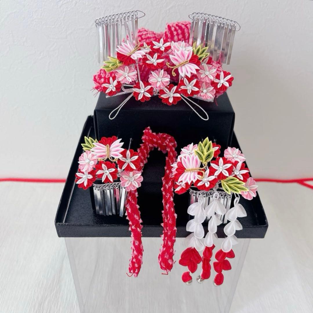 七五三　赤　ピンク　勝山かんざし　髪飾り　簪　かのこ　ちんころ　日本髪　７歳