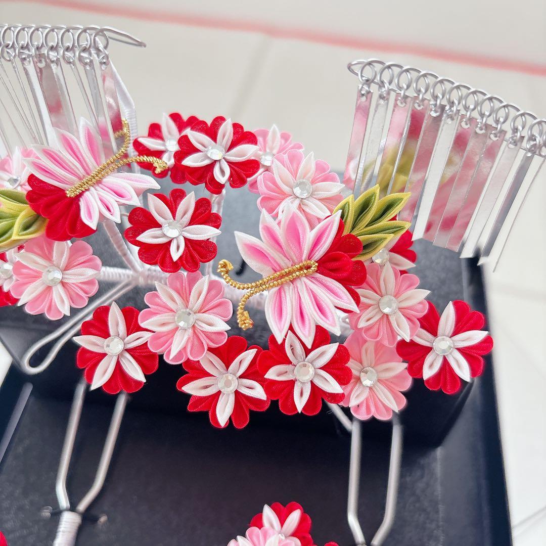 七五三　赤　ピンク　勝山かんざし　髪飾り　簪　かのこ　ちんころ　日本髪　７歳