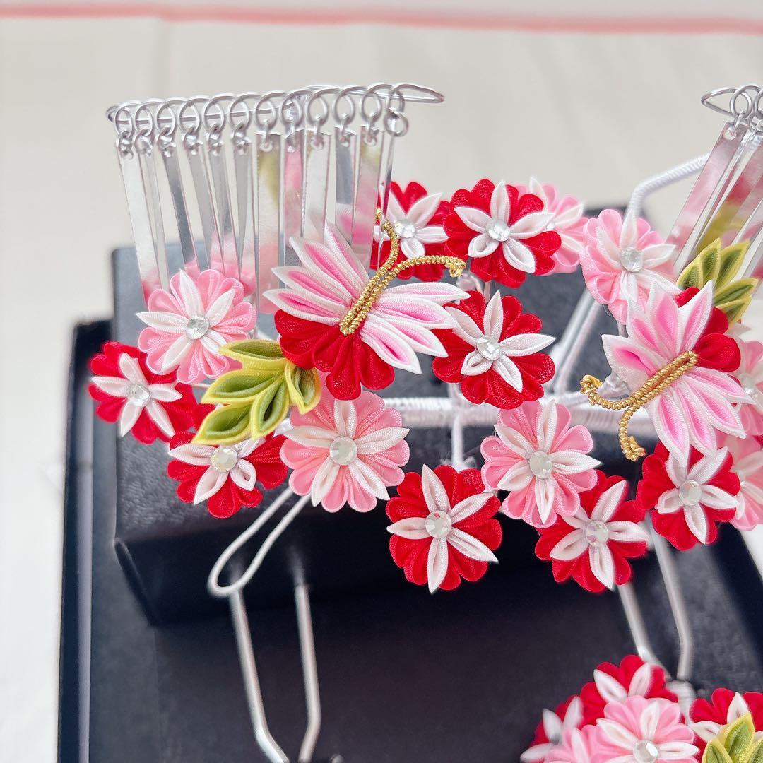 七五三　赤　ピンク　勝山かんざし　髪飾り　簪　かのこ　ちんころ　日本髪　７歳