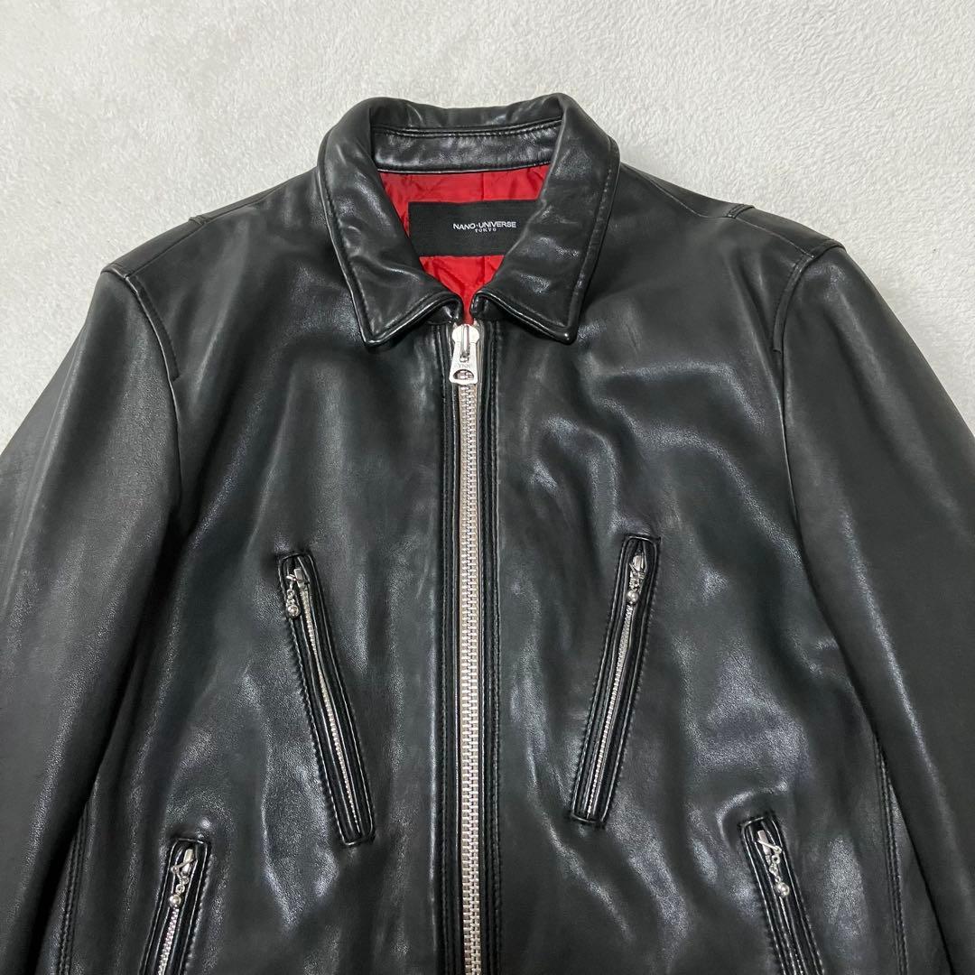 ナノユニバース ライダース L ラムレザー 黒×赤 キルティング サーモ