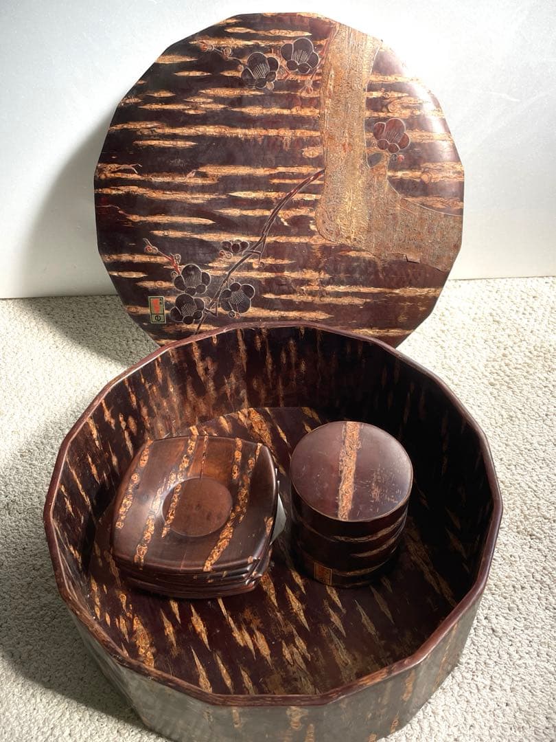 未使用樺細工 桜皮細工 茶道具12点セット十六角茶櫃