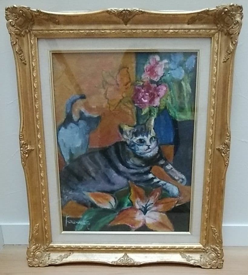 ＊猫油絵　油彩 『猫と花』6F 亀本よし子 (直筆サイン入り)