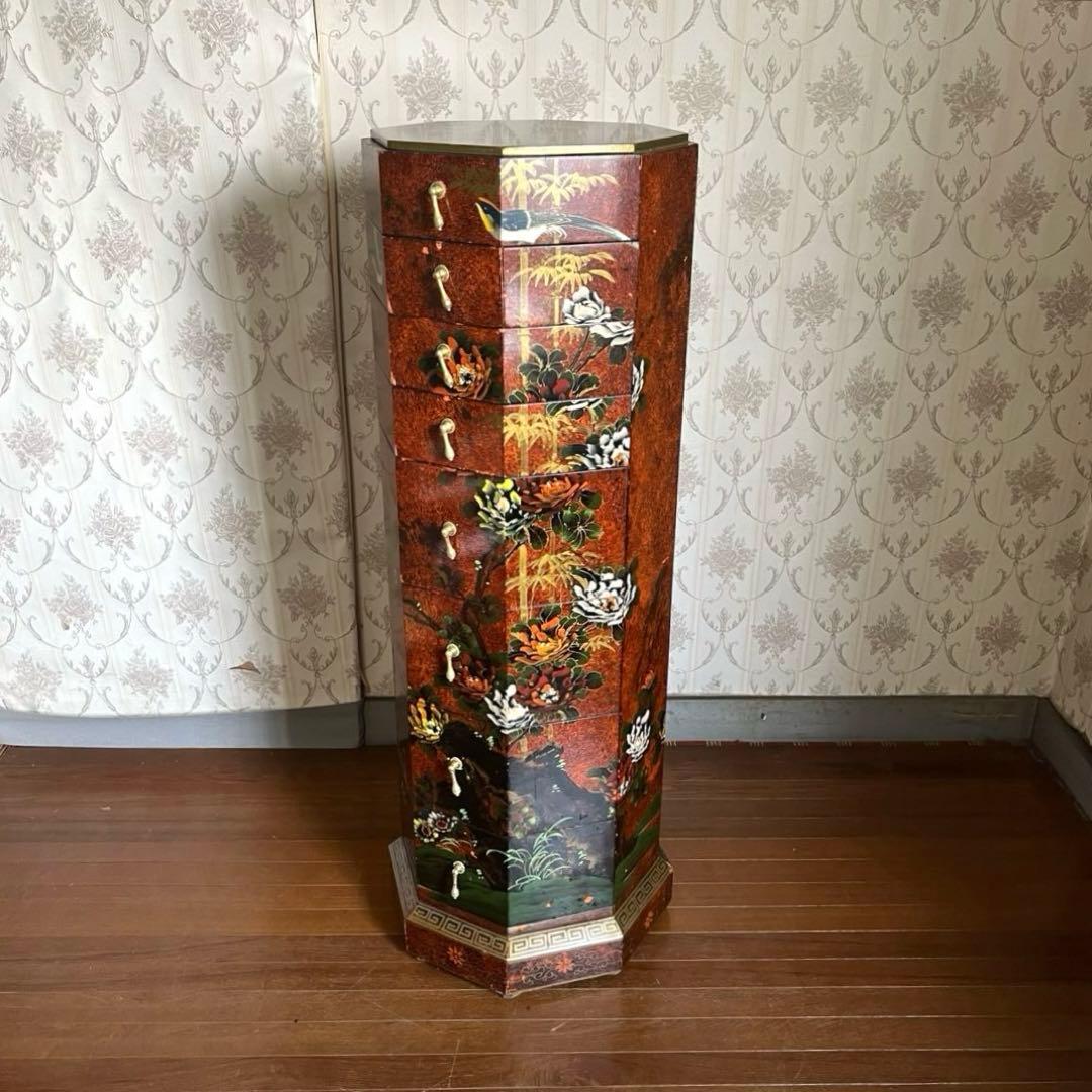 アンティーク】中国家具 宝石棚 花鳥画 箪笥 チェスト 8杯 飾り棚 古家具