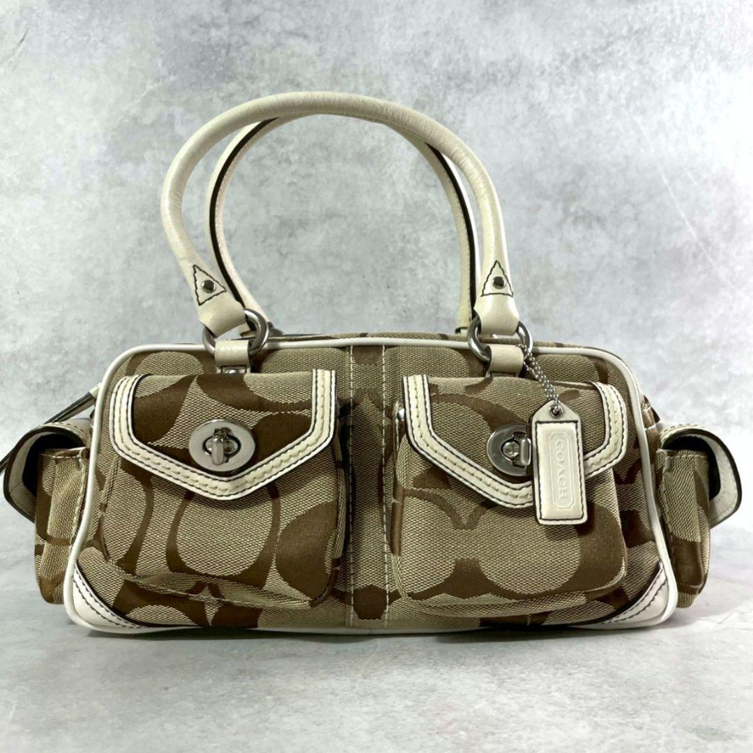 極美品 コーチ ショルダーバッグ ミニボストン シグネチャー レザー ロゴ 白