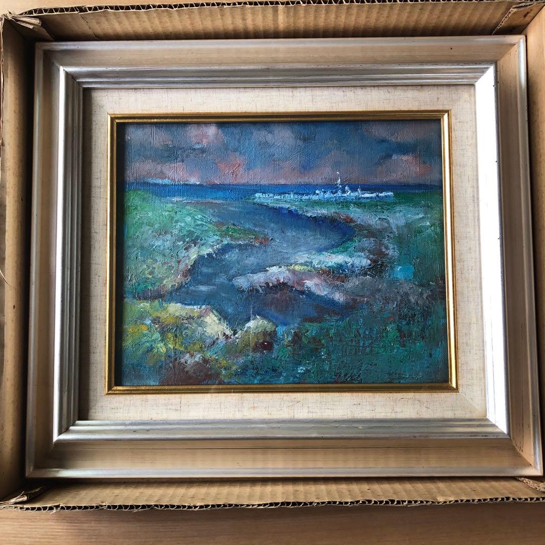 人気 油絵 入江 油彩画 入江の風景 作者不明 サイン有り 入江の風景 油絵