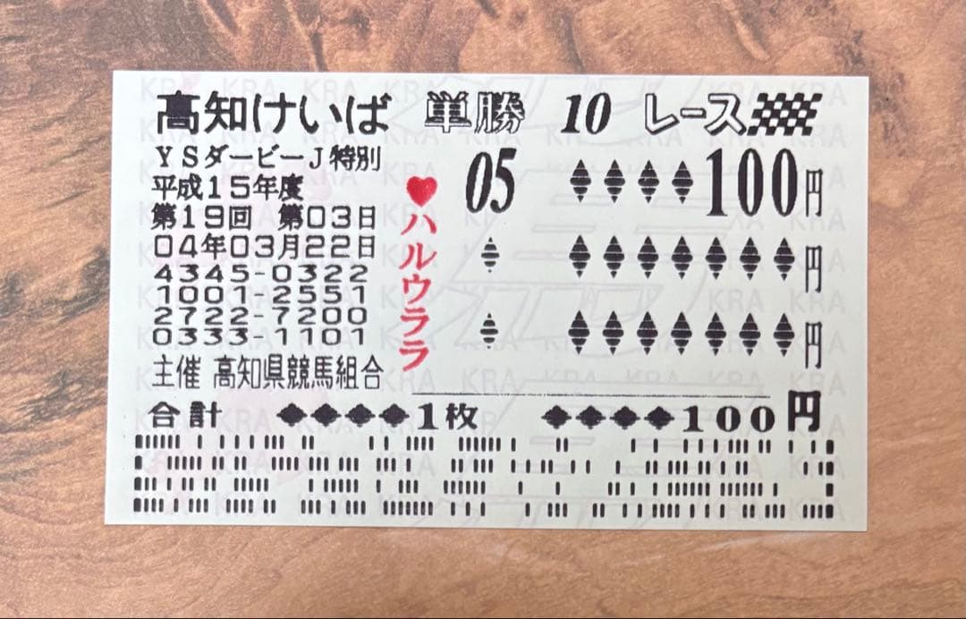 ハルウララ 単勝馬券 YSダービージョッキー特別 武豊 高知けいば