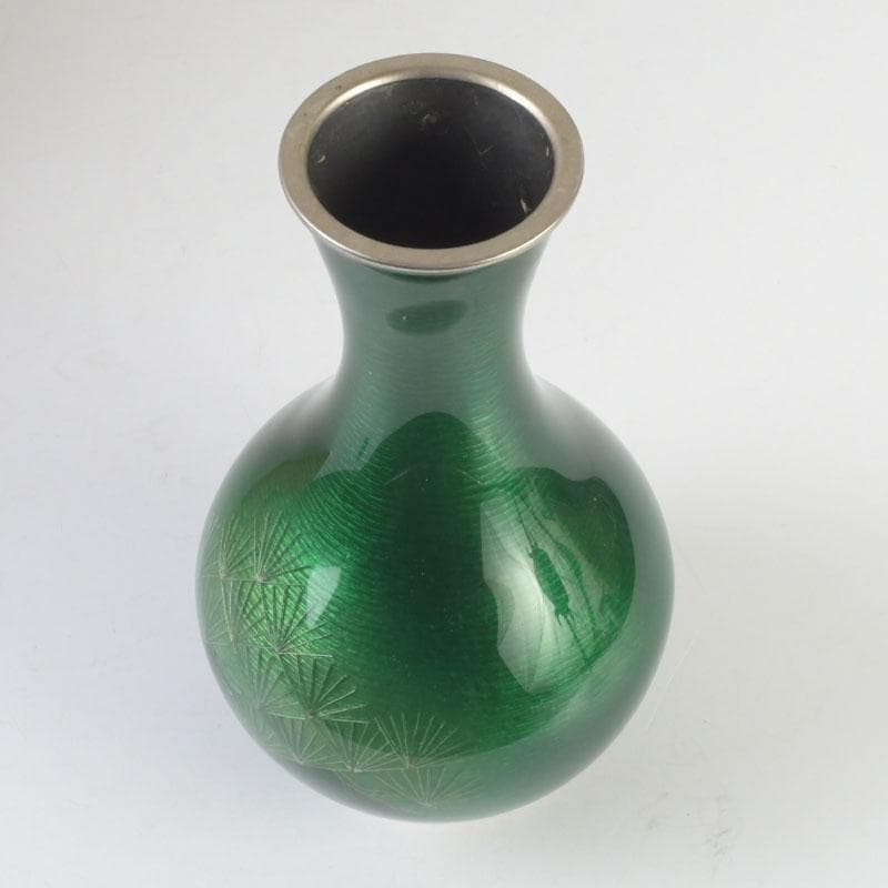 七宝焼　緑釉　松文　花瓶　共箱　V　9827