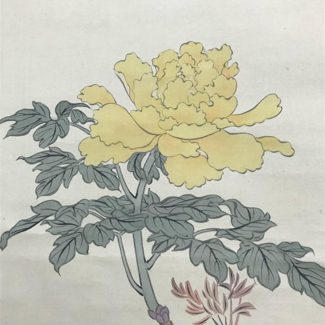 【真作】山岡直記/牡丹図/花図/山岡鉄舟の長男/掛軸/名家伝来/AD-144