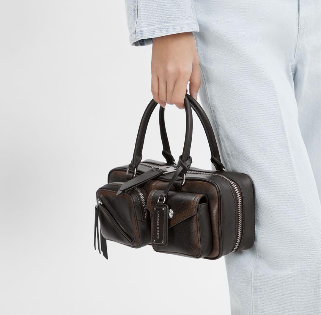新品CHARLES&KEITH 复古ボストン多口袋手提包 Multi