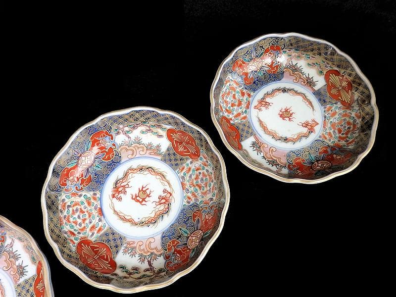 古伊万里　金襴手　宝珠に団龍紋　熨斗に花の図　膾皿　３客　D972AS-CBn