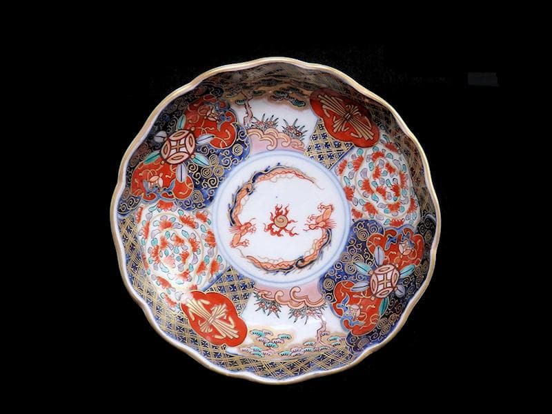 古伊万里　金襴手　宝珠に団龍紋　熨斗に花の図　膾皿　３客　D972AS-CBn