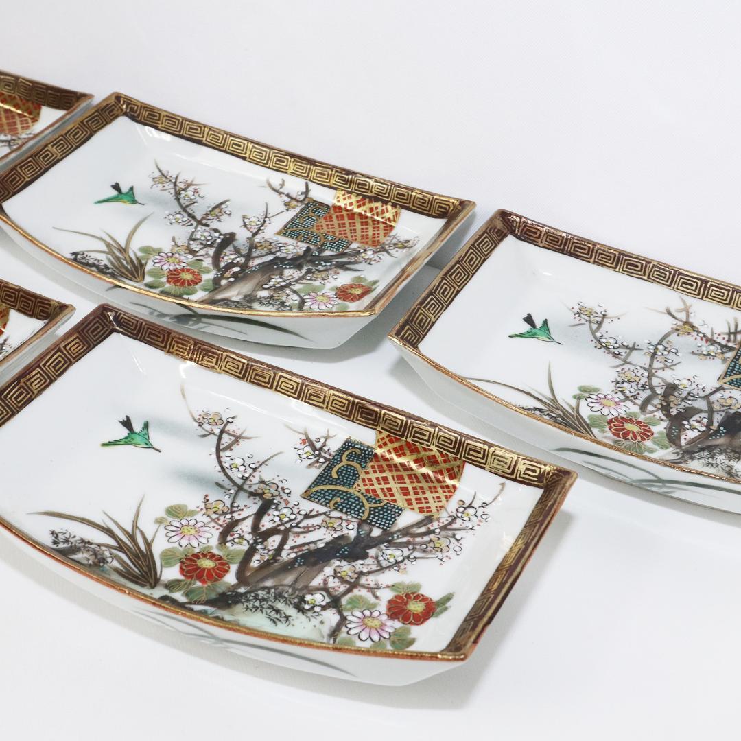 九谷焼 青粒 梅に鶯 刺身皿 角皿　明治九谷　5客
