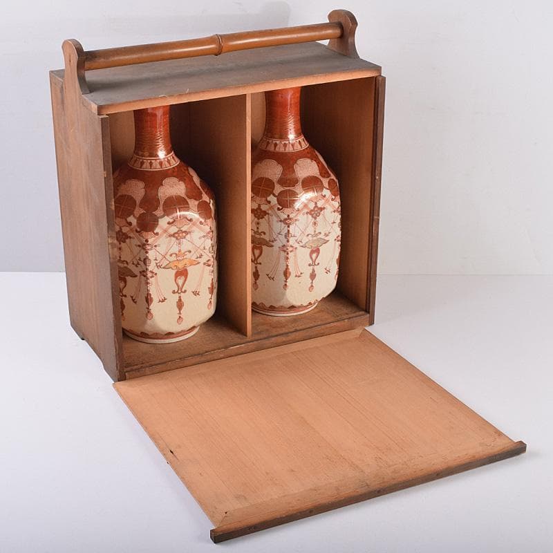 九谷焼 古九谷 赤絵金彩 瓔珞文 六角大徳利 一對 長壽箱付 G