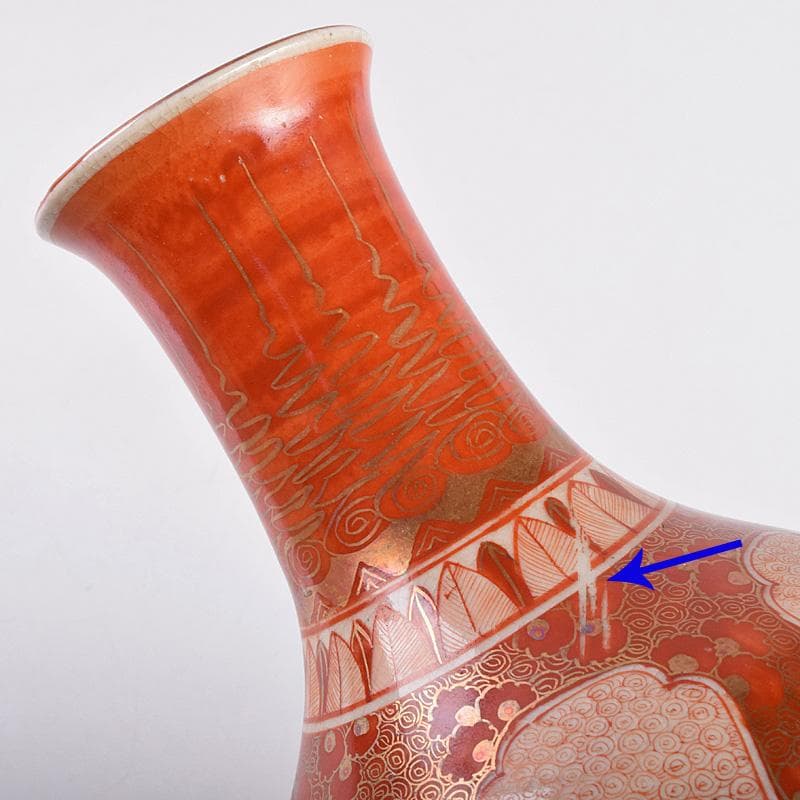九谷焼 古九谷 赤絵金彩 瓔珞文 六角大徳利 一對 長壽箱付 G