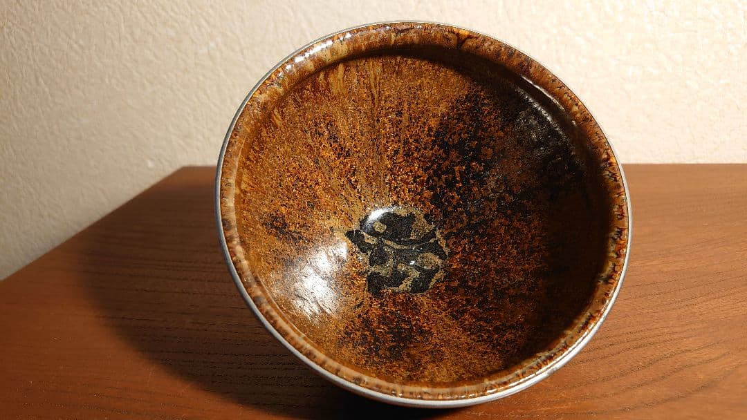 天目茶碗 銀縁 抹茶碗 茶道具 お碗 飴釉 李朝 古玩 アンティーク陶器 1