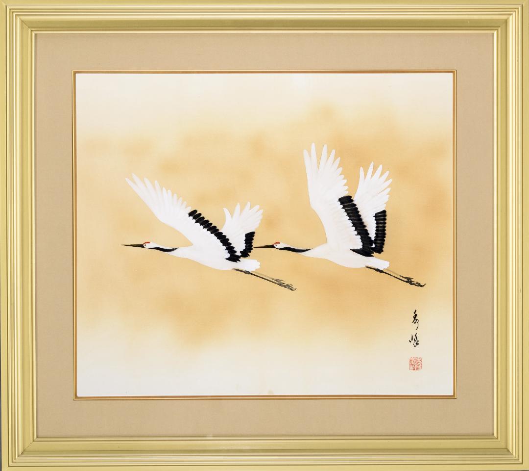 F10 肉筆水彩 日本画 『鶴』 高級木製額縁付属 外寸約713×638mm