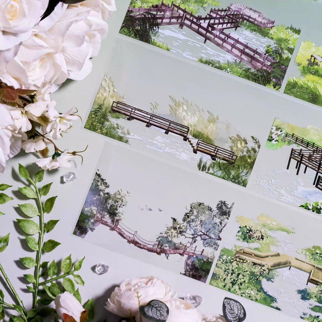 8881】海外 マステ 5m巻 PETマスキングテープ 橋 池 春景色背景系