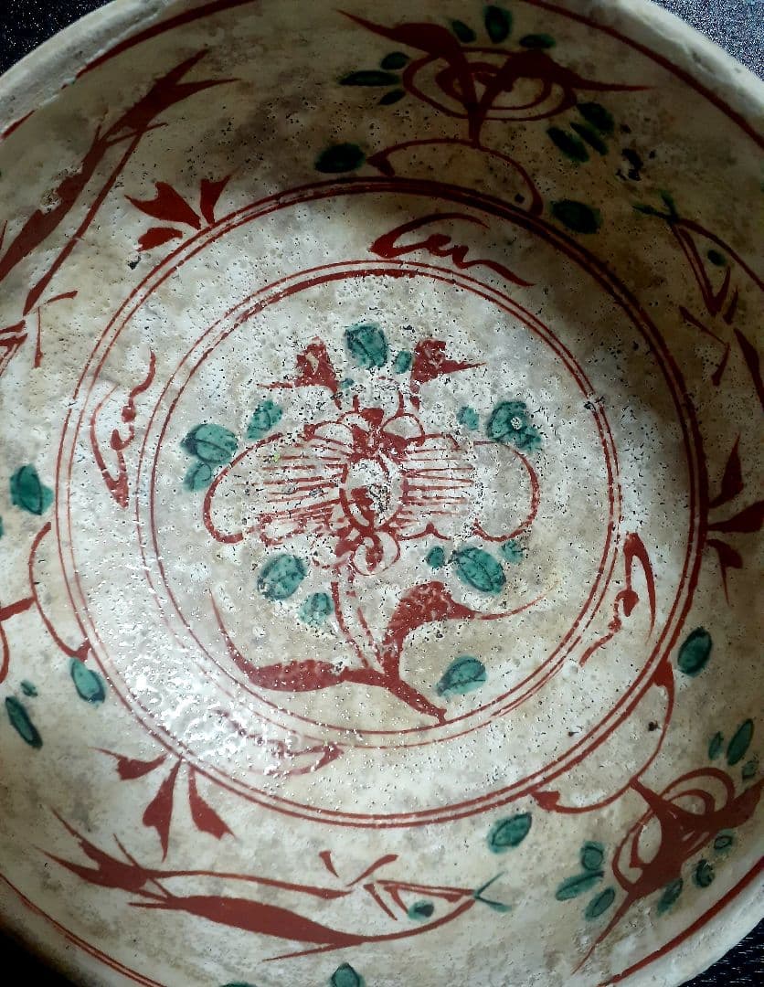 明治時代【古犬山焼】中国明朝 呉須赤絵写し 赤絵 花に魚の図 鉢