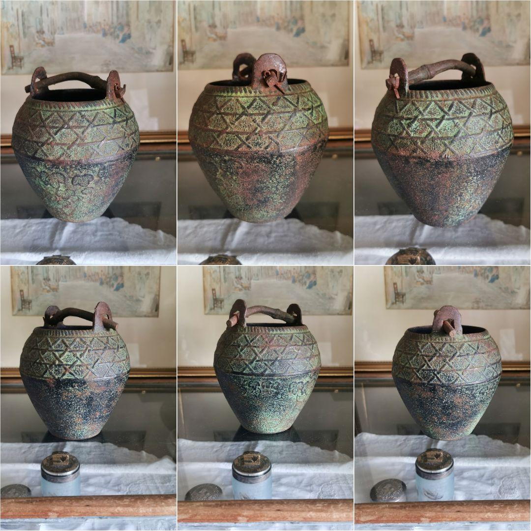 和骨董 青銅花瓶 美しい緑青 朝顔/蔦葉紋 竹象手付き花器 花入れ