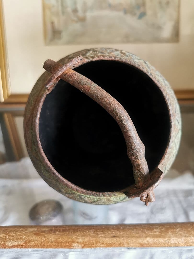 和骨董 青銅花瓶 美しい緑青 朝顔/蔦葉紋 竹象手付き花器 花入れ