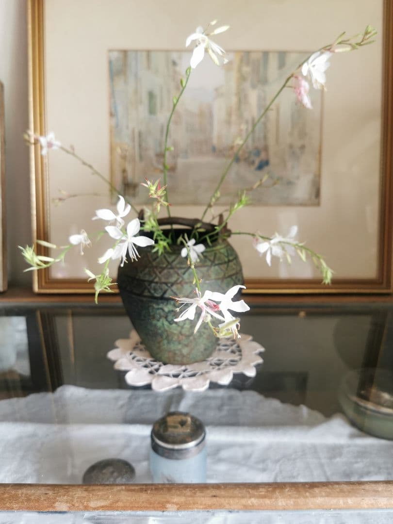 和骨董 青銅花瓶 美しい緑青 朝顔/蔦葉紋 竹象手付き花器 花入れ