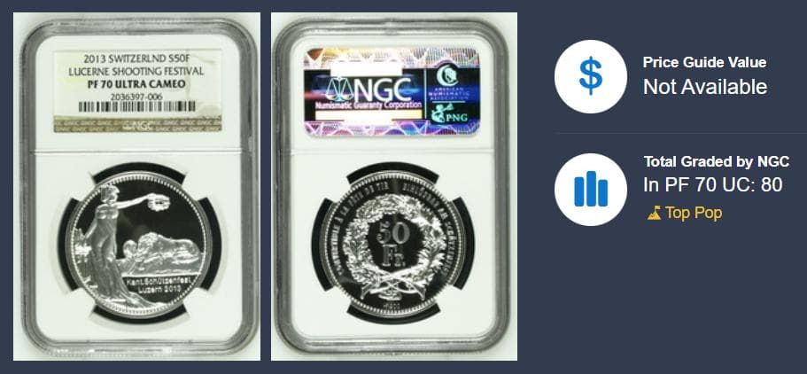 最高鑑定＆稀少『スイス現代射撃祭ルツェルン銀貨』2013年：PF70UC