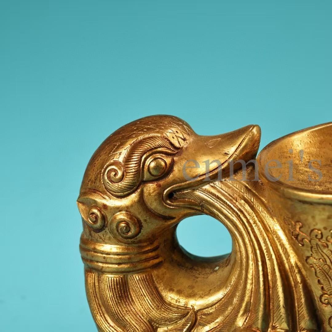 中国古美術・旧蔵純銅製・鎏金鳳凰酒杯一対・ワイングラス・高浮彫・