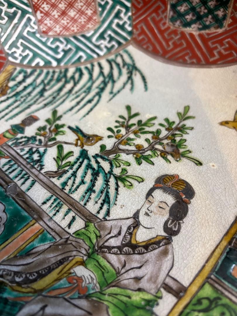 貴婦人図 色絵大皿 飾り絵皿 時代物 当時物 有田焼 九谷焼 中国美術