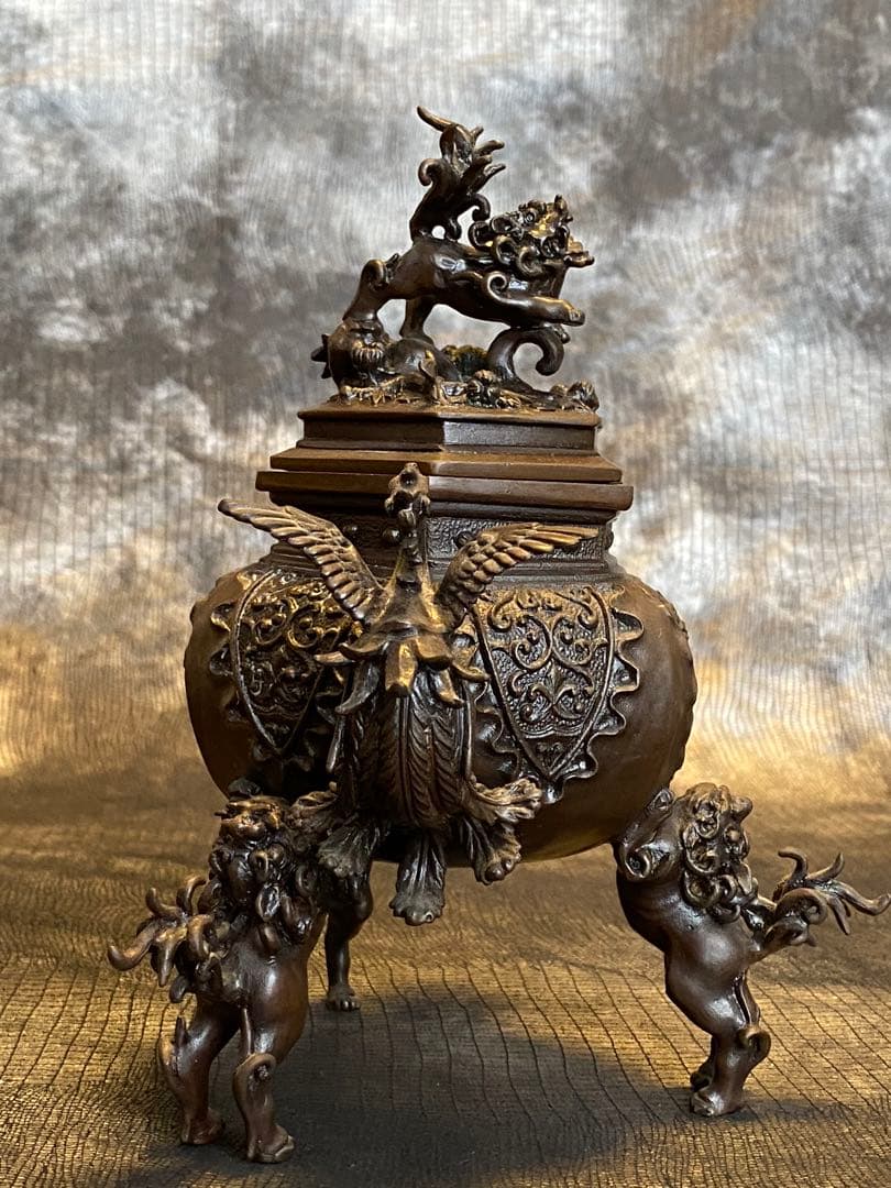 二上常太郎の牡丹獅子香炉 六角牡丹獅子香炉 二上常太郎