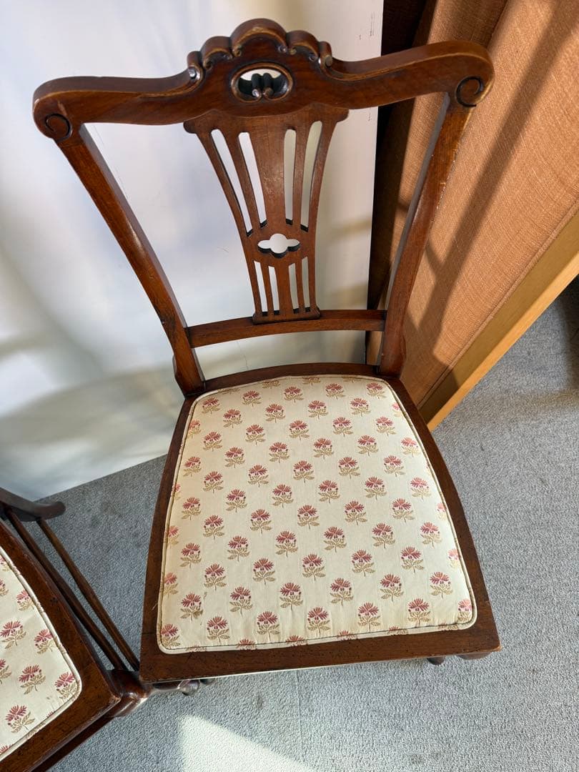 英国製 アンティーク ダイニングチェア 2脚 猫脚 透かし彫 クイーン