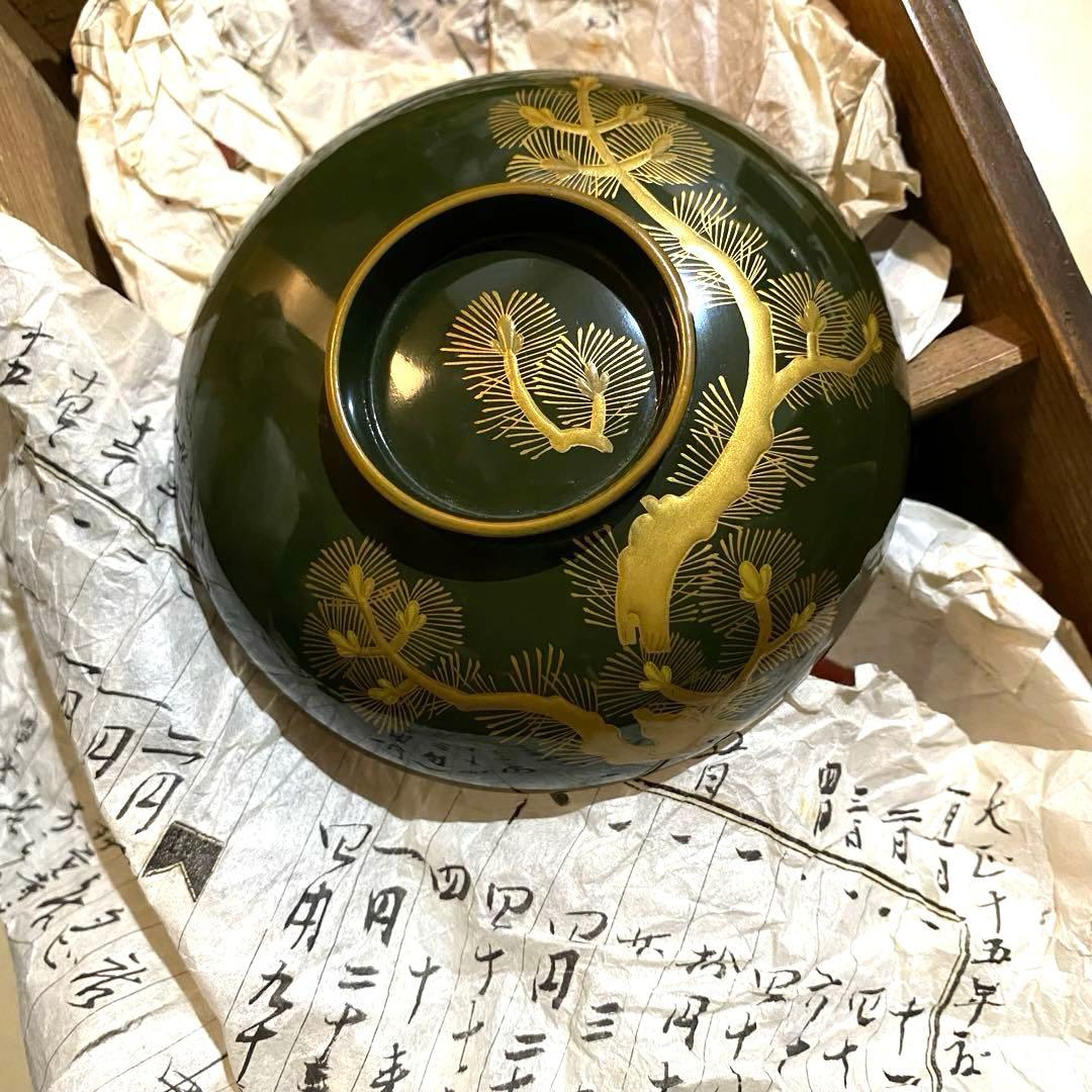 時代物骨董　大正以前　青漆吸物椀　天然木本漆　松柄金蒔絵　緑に内朱　懐石椀　五客