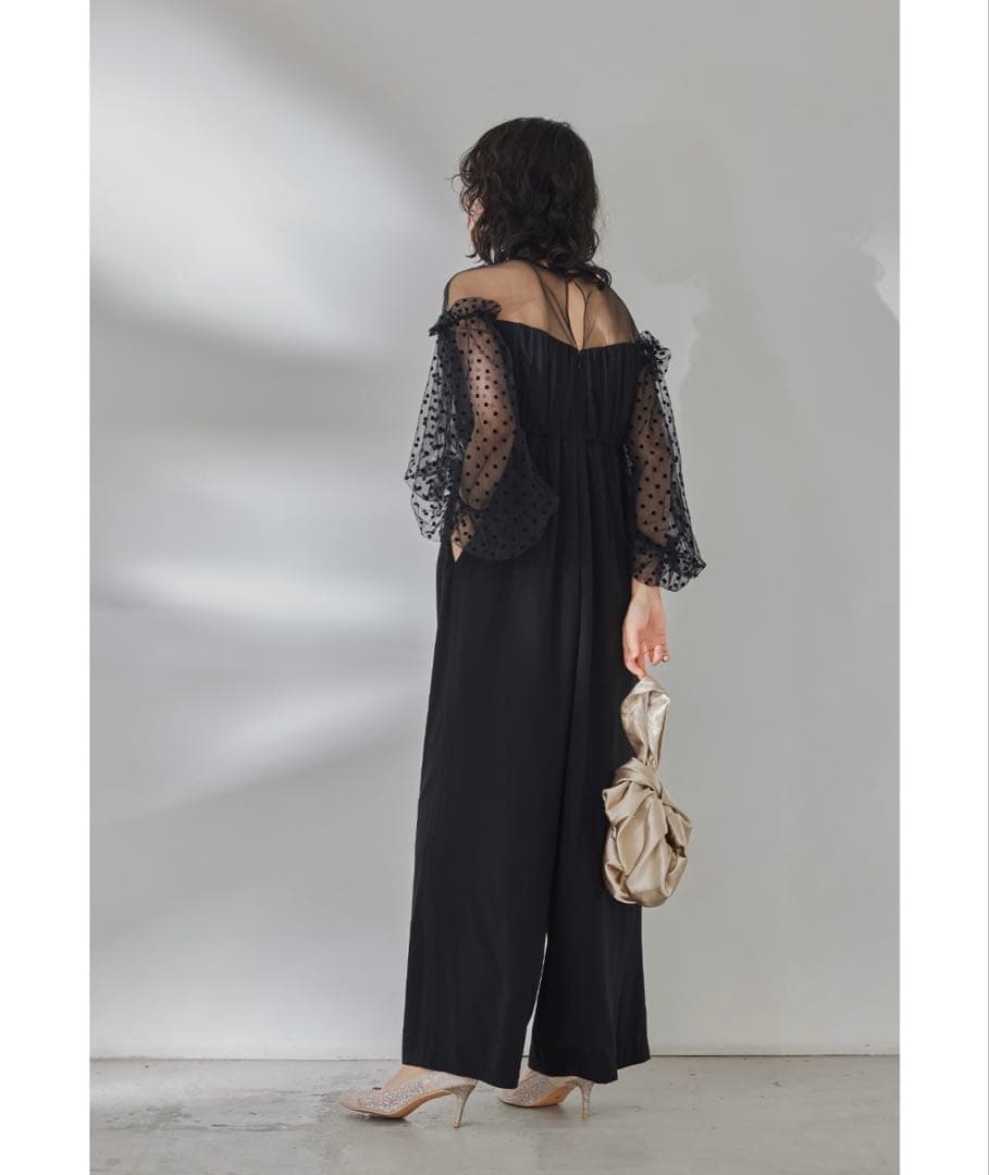 Sサイズ】ブラック ドット柄 シースルー袖 パーティードレス