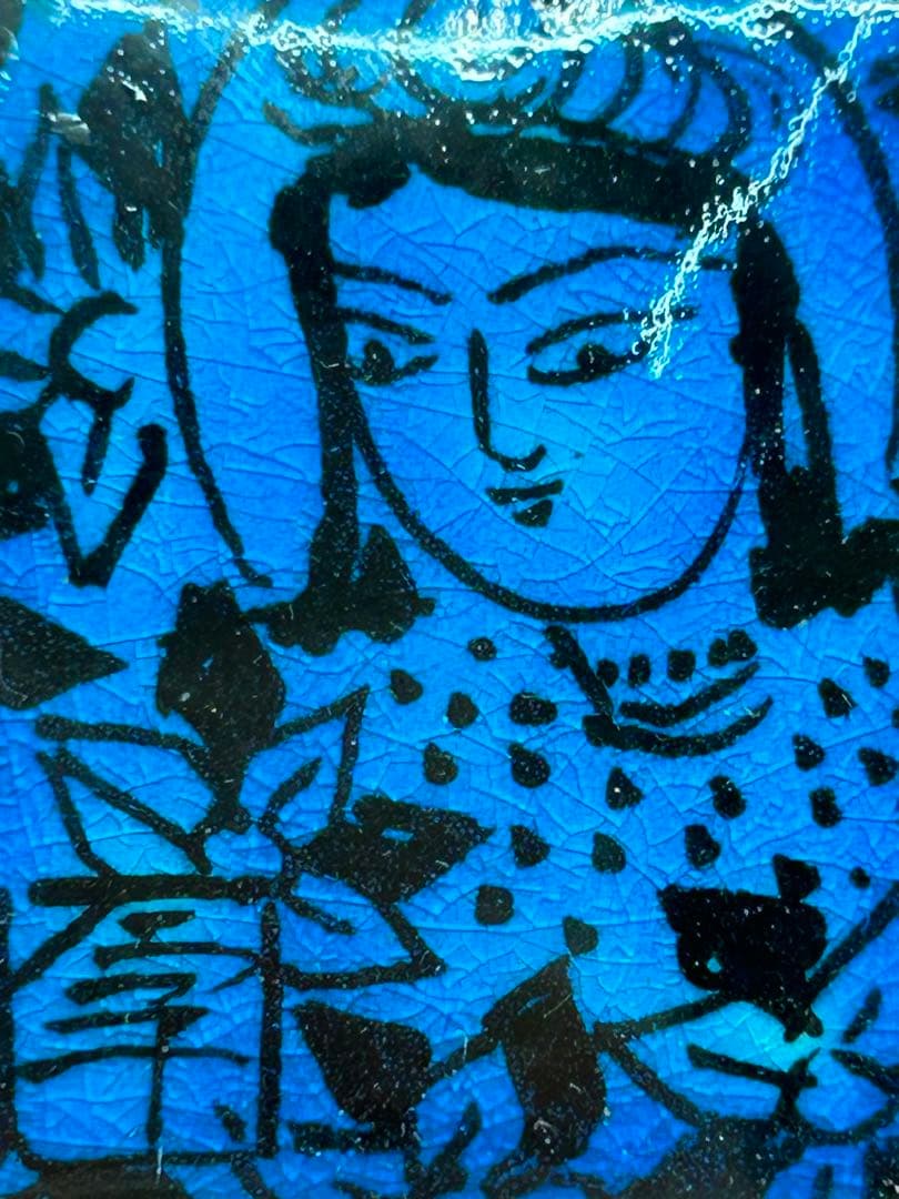 D0104）希少 人間国宝 加藤卓男 青釉胡姫文 陶板額 額装 D0104）希少