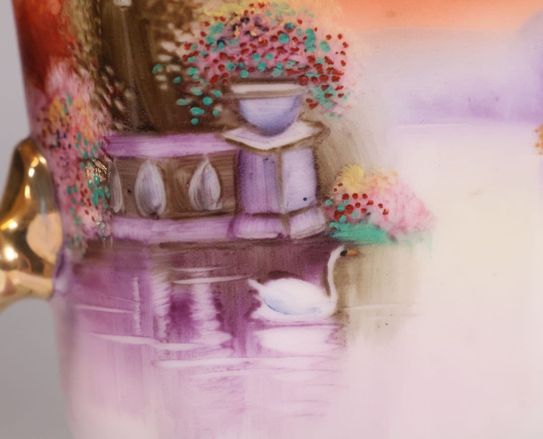 【CM305】オールドノリタケ 湖畔の風景 白鳥 花瓶 15.5cm 耳付 花入