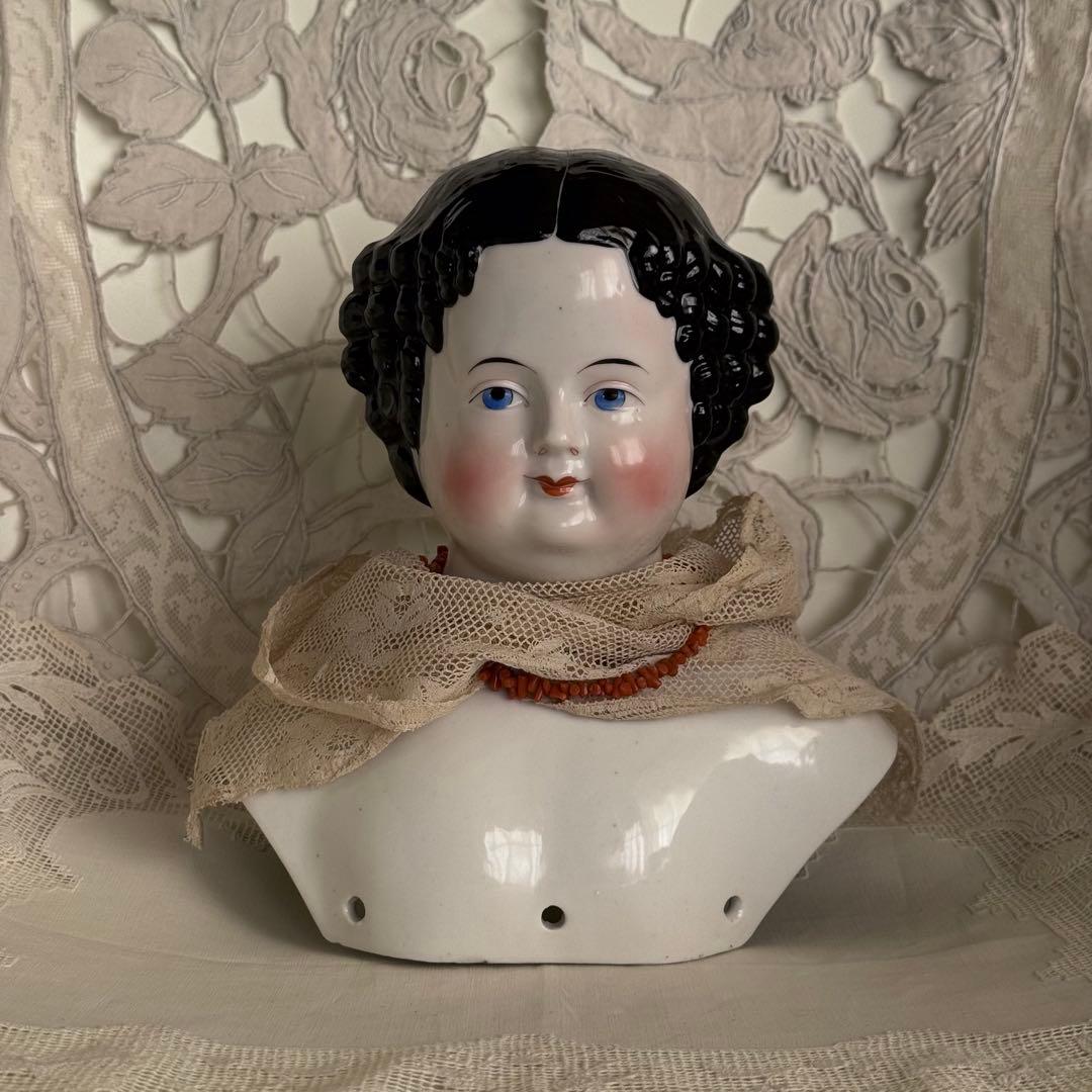 19世紀 チャイナドール 磁器製ヘッド 特大サイズ 約21cm 希少
