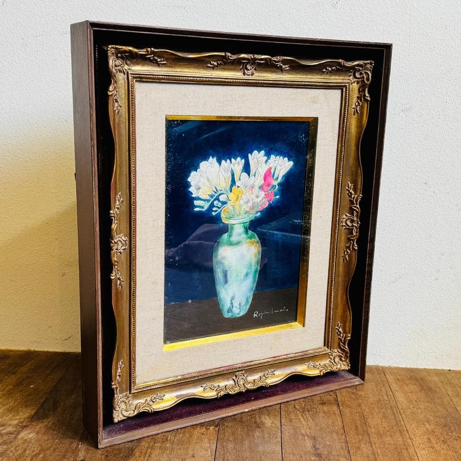 今井ロジン 油絵 「フリージア」F4号 サイン有 裏書有 額装 油絵 絵画 油彩